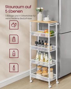 Carrinho de cozinha ou casa de banho 5 níveis estreito 22 x 45,4 x 99,6 carvalho e branco