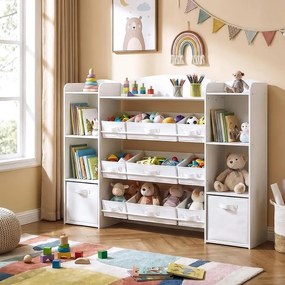 Estante infantil 30 x 143,8 x 104 cm com 4 compartimentos abertos, estante infantil, 9 caixas centrais e 2 caixas laterais Branca