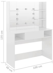 Mesa de maquilhagem c/ LEDs 100x40x135 cm MDF branco brilhante