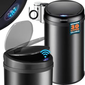 Caixote do lixo em aço inoxidável com sensor e até 30 L, Ø30 x 53 cm Preto