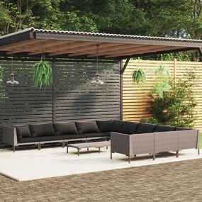 vidaXL 12pcs conj. lounge jardim c/ almofadões vime PE cinzento-escuro