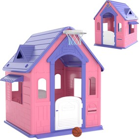 AIYAPLAY Casa de Jogos para Criaanças com Lançamento de Aros e Cesta de Basquetebol 132x118x124 cm Rosa e Roxo | Aosom Portugal
