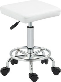 Banco Giratório com Rodas Altura Regulável 50-66 cm Assento Estofado em Imitação de Couro  34x34x50-66 cm Branco