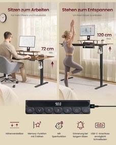 Secretária elétrica 140 x 70 x (72-120) cm com altura ajustável, suporte para monitor e USB castanho vintage