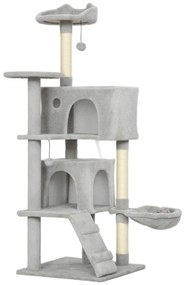 PawHut Arranhador para Gatos com Múltiplas Plataformas Cama 2 Cavernas Rede Escada Postes de Sisal 48x48x140 cm Cinzento Claro | Aosom Portugal