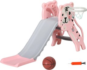 Escorrega para Crianças 2 em 1 com 2 Degraus Cesta de Basquetebol e Desenho de Tigre para Interior 133x60x70 cm Rosa