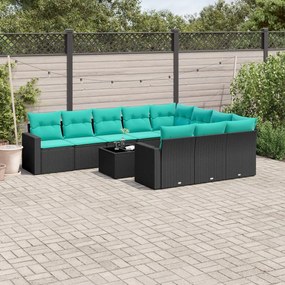 11 pcs conjunto sofás de jardim c/ almofadões vime PE preto