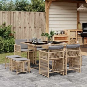vidaXL 9 pcs conj. jantar jardim c/ almofadões vime PE bege misturado