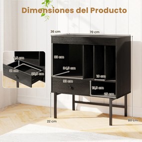 Suporte grande para gira-discos e discos de vinil de meados do século com compartimentos abertos para álbuns Preto