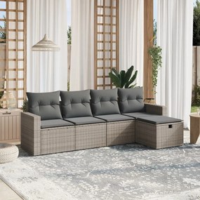 5 pcs conjunto sofás de jardim c/ almofadões vime PE cinzento