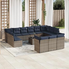 vidaXL 14 pcs conjunto sofás p/ jardim c/ almofadões vime PE cinzento