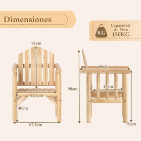 Cadeira de madeira para exteriores com braços e encosto alto inclinado 66 cm x 62,5 cm x 98 cm cor natural