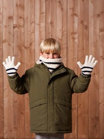 Conjunto às riscas gorro + gola snood + luvas/mitenes,  para menino  cru
