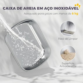 Caixa de Areia para Gatos em Aço Inoxidável L com Tampa Removível e Pá Inox, Cinzento Claro