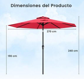 Guarda-sol jardim de 270 cm com 8 varas robustas, toldo ventilado resistente com inclinação por botão Vermelho