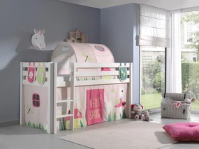 Conjunto Cama alta de Criança PINO 90 x 200 cm + estrado + escada + cortina +3 bolsas + túnel Primavera Branca