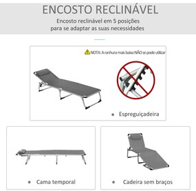 Espreguiçadeira de Jardim Dobrável com Apoio para a Cabeça Removível e Encosto Ajustável em 4 Posições para Jardim Terraço Campismo Exterior 170x60x76