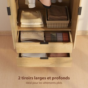 Guarda roupa de quarto 80 x 50 x 180 cm com 2 portas com fecho suave, 2 gavetas e barra para pendurar roupa, madeira natural
