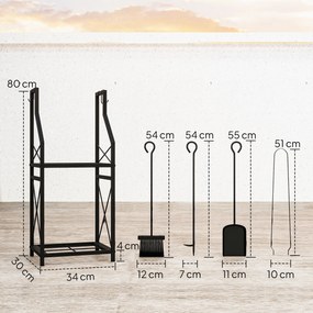 Suporte Metálico para Lenha 2 Níveis com 4 Ferramentas Ganchos e Base Elevada para Interior e Exterior 34x30x80 cm Preto