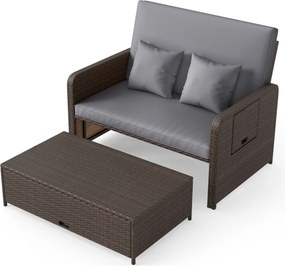 Cama de jardim ou conjunto de sofá de rattan para jardim, 2 peças, com pufe com espaço de arrumação, encosto ajustável e mesas dobráveis, cinzento