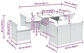 9 pcs conjunto sofás p/ jardim c/ almofadões vime PE castanho