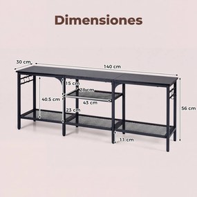 Móvel para Televisor com Estantes Abertas, 140 x 30 x 56 cm, Estrutura Metálica Resistente, Preto