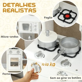 Cozinha de Brincar em Madeira com Som Acessórios Lava-Loiças Micro-Ondas e Fogão 55x24x86 cm Branco