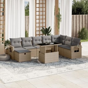 9 pcs conjunto de sofás p/ jardim com almofadões vime PE bege