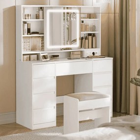 Toucador 40 x 110 x 141,5 cm com espelho LED (BANCO NÃO INCLUIDO), tomada e nove gavetas Branco nuvem