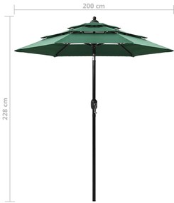 Guarda-sol de jardim 3 camadas com poste de alumínio 2 m verde