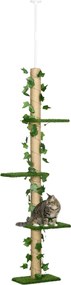 PawHut Árvore para Gatos do Chão ao Teto 37x21x202-242 cm com 4 Plataformas de Relva Artificial Folhas Artificiais e Poste Verde | Aosom Portugal