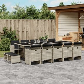 vidaXL 15 pcs conj. jantar jardim c/ almofadões vime PE cinzento-claro