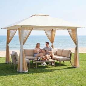 Tenda de Jardim Dobrável, 394 x 394 cm, Cobertura Dupla e Rede, Bege