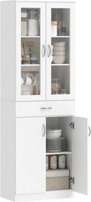 Armário de Cozinha 60x35x180 cm com 2 Armários e uma Gaveta, Prateleiras Reguláveis e Portas de Vidro Branco