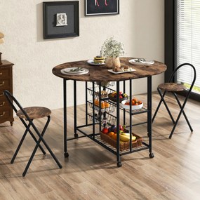 Conjunto de mesa e cadeiras dobráveis ​​de 3 peças, mesa dobrável versátil com 2 prateleiras, 2 bancos para cozinha, sala de jantar, bar, Castanho Esc