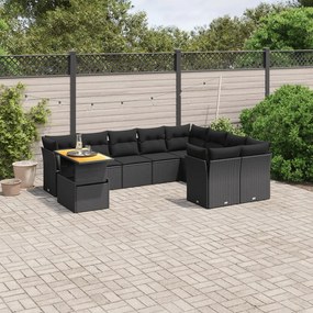 10 pcs conjunto sofás de jardim c/ almofadões vime PE preto