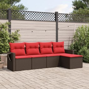 vidaXL 5 pcs conjunto sofás p/ jardim c/ almofadões vime PE castanho