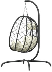 Cadeira forma ovo suspensa vime PE/aço c/ almofadão branco nata
