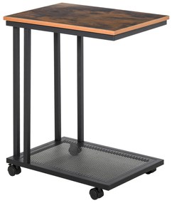HOMCOM Mesa Lateral mesa Auxiliar com Rodas para Sofá Sala de Estar Dormitório Estilo Industrial Retrô Metal e Madeira 51x36x65cm Madeira e Preto