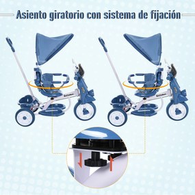 HOMCOM Triciclo evolutivo infantil Carrinho de criança Com função de luz e música Barra de segurança e toldo retrátil Assento giratório 360 ° 93x51x94 cm Azul