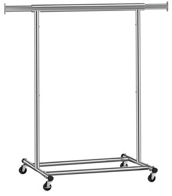 Rack para roupas SONGMICS sobre rodas, trilho para roupas resistentes, com trilho suspenso extensível, capacidade de carga de 90 kg, fácil montagem, portátil, prata HSR13S