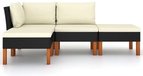 4 pcs conjunto lounge de jardim c/ almofadões vime PE preto