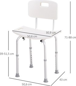 Cadeira para Duche Antiderrapante com Altura Ajustável em 8 Níveis Cadeira de Banho 50,6x43x71-88 cm Branco