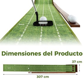 Tapete de golfe com 3 tamanhos de buracos Ajuda à prática com retorno automático da bola 302 x 37 x 15 cm Castanho + Verde