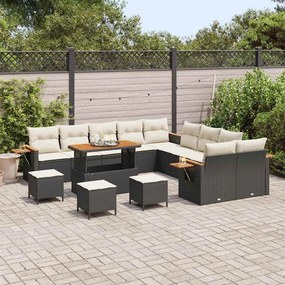 Conjunto de Sofá de Jardim de 14 Peças com Almofadas Preto Rattan Poli