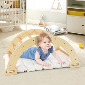 Triângulo de trepar 2 em 1 com almofada macia Balancim em arco de dupla face Brinquedo de trepar em madeira para crianças a partir dos 1 anos Natural