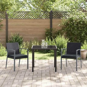 Conjunto de jantar de jardim de 3 peças com almofadas, preto, em ratta