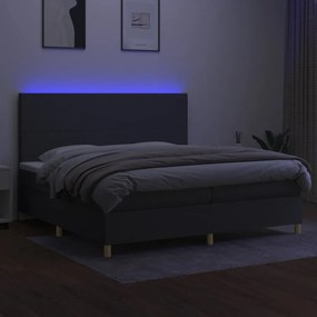 Cama box spring c/ colchão e LED 200x200 cm tecido cinza-escuro