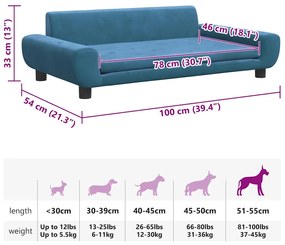 Cama para cães 100x54x33 cm veludo azul