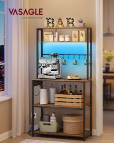 Armário de cozinha 40 x 80 x 168,4 cm com iluminação LED e tomadas, castanho vintage-preto
